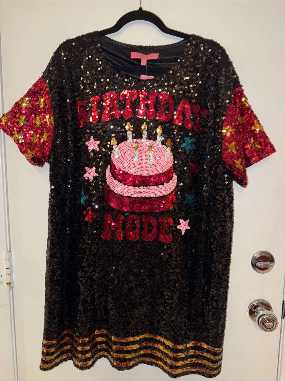 Simply Southern Black Sequin Tee Dress with Pink & Gold Sleeves